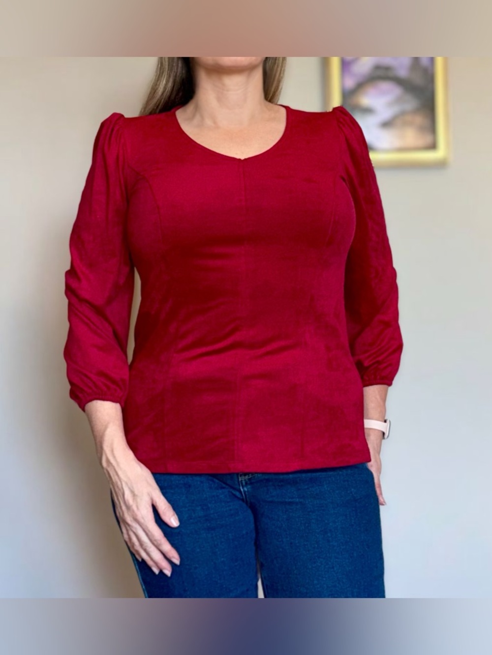 Susan Graver Crimson V-Neck Puff-Sleeve Top - Picture 3 of 11